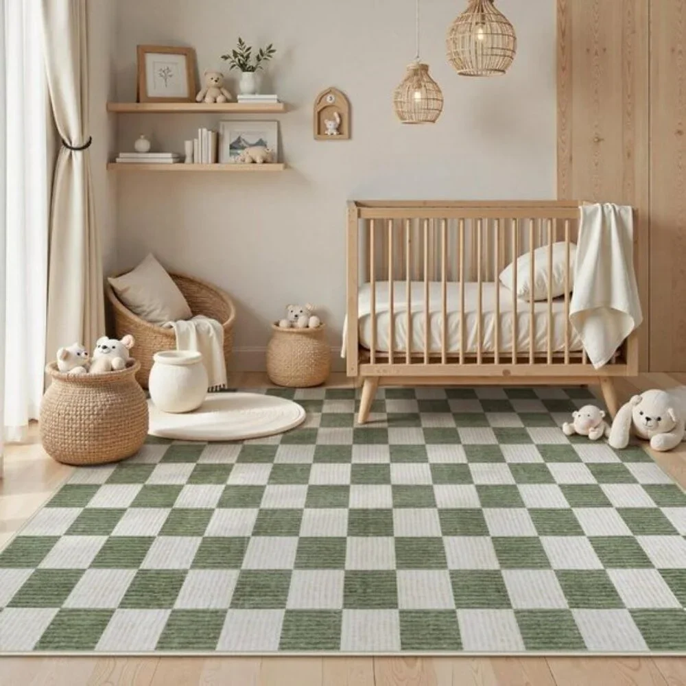 New 5x7 Green Checkered Area Rug, Washable Non-Slip Modern Carpet for Any Room
